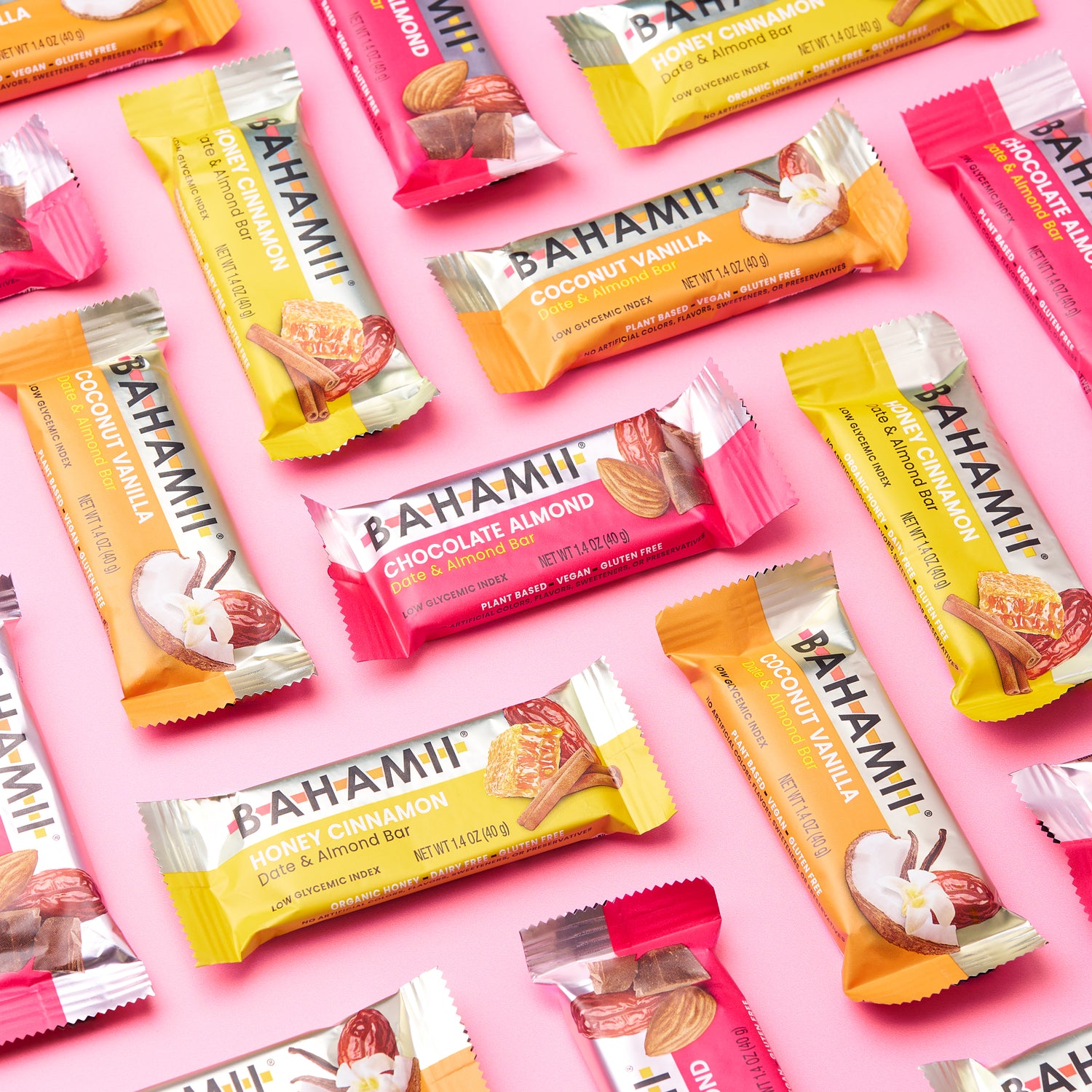 Bahami date almond bars chocolate almond honey cinnamon coconut vanilla snack packaging pink background