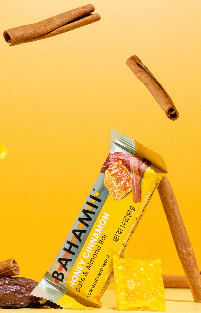 honey cinnamon date almond bar Bahami healthy snack with cinnamon sticks and honeycomb